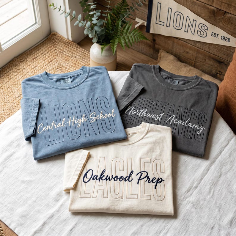 May include: Three short-sleeve t-shirts in blue, charcoal gray, and cream. The blue shirt features the text Central High School and LIONS. The gray shirt features Northwest Academy and MUSTANGS. The cream shirt features Oakwood Prep and EAGLES.