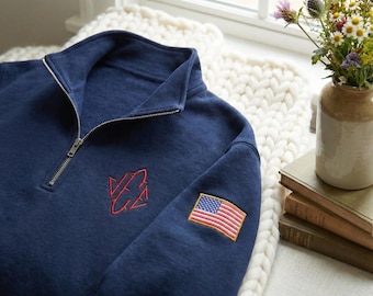 Embroidered J.E.E Epstein Quarter Zip Sweater, USA Sleeve Sweatshirt, Monogram Quarter Zip Embroidered Shirt, Blue Fleece Blend Unisex Shirt