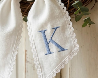 Embroidered Spring Wreath Sash, Personalized Embroidered Initial Ribbon, Custom Decor Door Hanger, Bridal shower gift