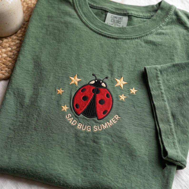 Comfort Color Embroidered Sad Bug Summer Shirt, Cottagecore Cute Insect Tee, Ladybug Shirt, Y2K Shirt, Insect Lover Gift image 4