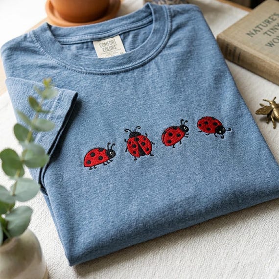 Embroidered Ladybug Shirt, Cottagecore Nature Tee, Cute Bug Aesthetic Top, Minimalist Summer Tee for Women, Nature Lover Gift