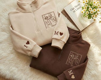 Custom Picture Embroidered 1/4 Zip Sweatshirt, Personalized Embroidered t-shirt, Custom Photo Portrait Embroidered