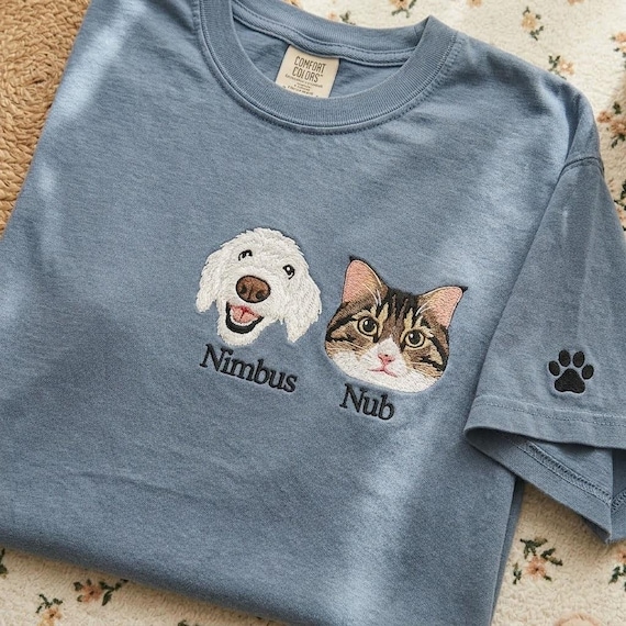 Embroidered Custom Dog Shirt From Photo, Dog Mom Crewneck, Personalized Dog Cat Portrait Shirt, Animal Lover Gift
