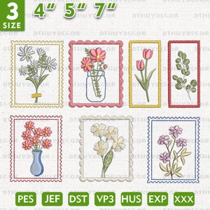 Diseño de bordado de sellos florales, diseño de bordado de sellos postales, diseño de bordado de flores silvestres, flor bohemia, descarga instantánea