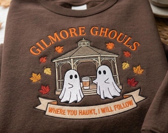 Bluza z haftem Gilmore Ghouls, bluza z okrągłym dekoltem inspirowana jesiennym filmem, jesienna koszulka z upiornym duchem, koszulka z motywem Halloween, koszulka dla fanów serialu telewizyjnego