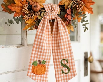 Embroidered Custom Pumpkin Fall Wreath Sash, Personalized Monogram Thanksgiving Decor, Fall Wreath Scarf with Initial, Cozy Season Gift