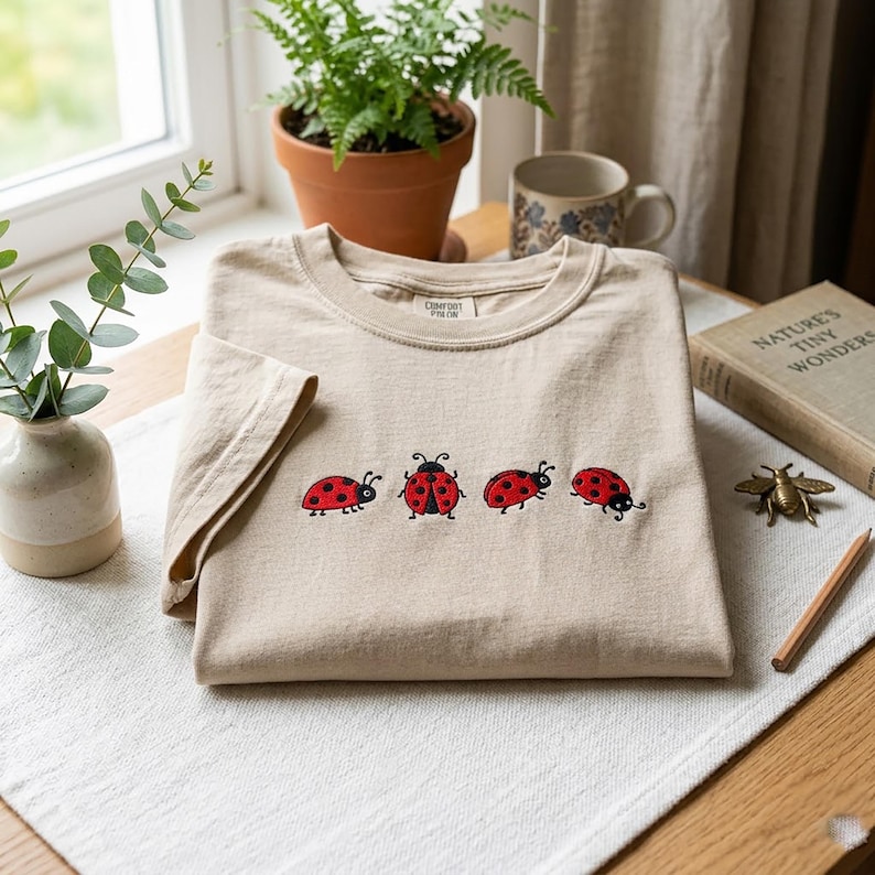 May include: A beige short-sleeved t-shirt featuring an embroidered row of four red ladybugs with black spots. The shirt has a crew neckline and a label inside the collar that reads Comfort Colors. The fabric is a solid, light tan cotton material.