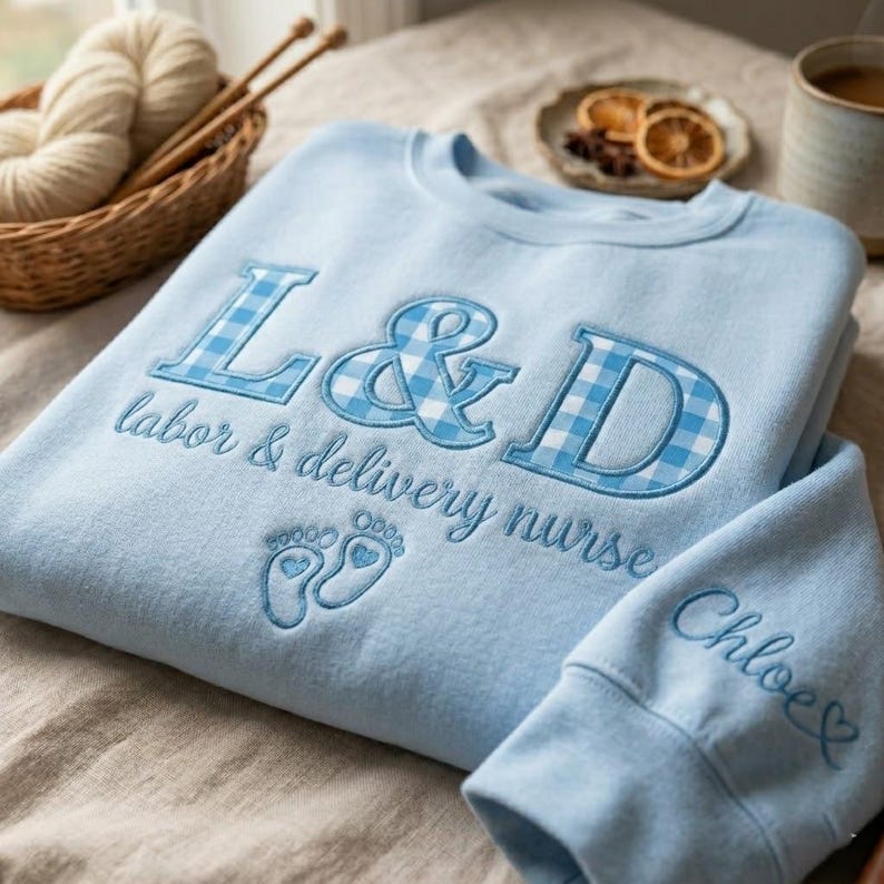 May include: Light blue sweatshirt with embroidered text and design. The letters "L&D" are in a blue and white gingham pattern, with "labor & delivery nurse" below. The sleeve has the name "Chloe" embroidered in cursive.