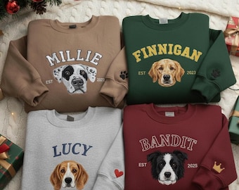 Embroidered Custom Pet Name Crewneck, Personalized Pet Face Sweatshirt from Your Photo, Varsity Dog Cat Sweatshirt, Gifts for Dog Lover