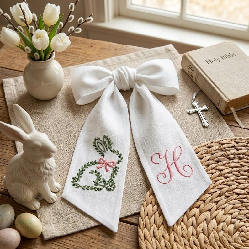 K&ouml;nnte beinhalten: Eine wei&szlig;e Leinen-Schleife mit langen Enden, bestickt mit einem gr&uuml;nen Hasen und einer rosa Schleife sowie einem rosa Buchstaben "H". Ein Keramik-Hase, Eier und eine Vase mit wei&szlig;en Tulpen sind ebenfalls vorhanden, was auf Ostern hindeutet.
