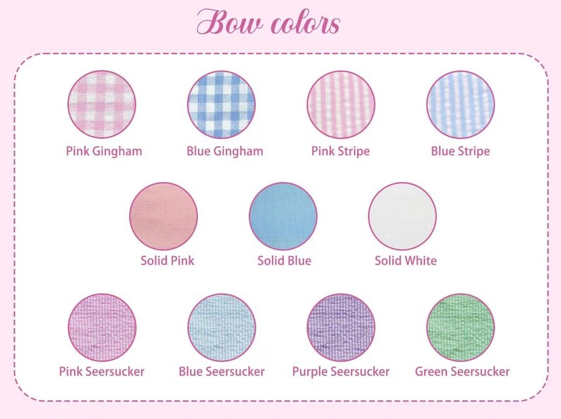 K&ouml;nnte beinhalten: Eine Farbkarte mit verschiedenen Schleifenfarben. Die Karte enth&auml;lt rosa Vichy, blaues Vichy, rosa Streifen, blaue Streifen, einfarbiges Rosa, einfarbiges Blau, einfarbiges Wei&szlig;, rosa Seersucker, blauer Seersucker, lila Seersucker und gr&uuml;ner Seersucker.