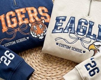 Embroidered Custom Mascot Quarter Zip Sweatshirt, School Spirit Shirt, Personalized Gingham College Shirt, Back To School Tee, Game Day Gift