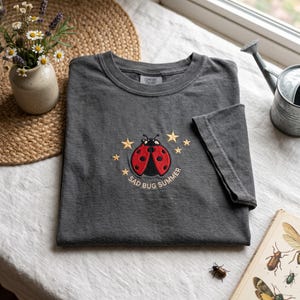 May include: A charcoal gray short-sleeve t-shirt featuring an embroidered red and black ladybug surrounded by small yellow stars. Below the ladybug, the text reads "SAD BUG SUMMER" in a simple, light-colored font. The shirt has a crew neckline.