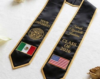 Embroidered Custom Graduation Stole with Two Flags, Dual Heritage Flag Stole, Personalized School Color Grad Sash, Class of 2026 Graduation