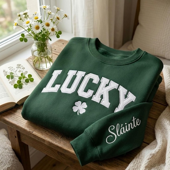 Embroidered Lucky Sweatshirt, St Patrick's Day Irish Sweatshirt, Mini Shamrocks Embroidered Crewneck, Lucky Gift