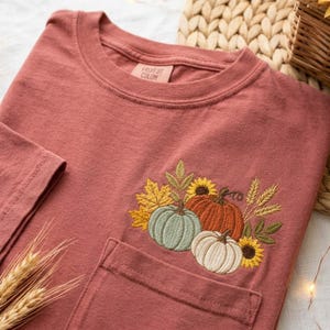 Comfort Colors Vintage Pumpkin Pocket Tee, Vintage Fall Harvest Shirt, Floral Pumpkin Shirt, Cozy on Tee, Fall Gift image 1