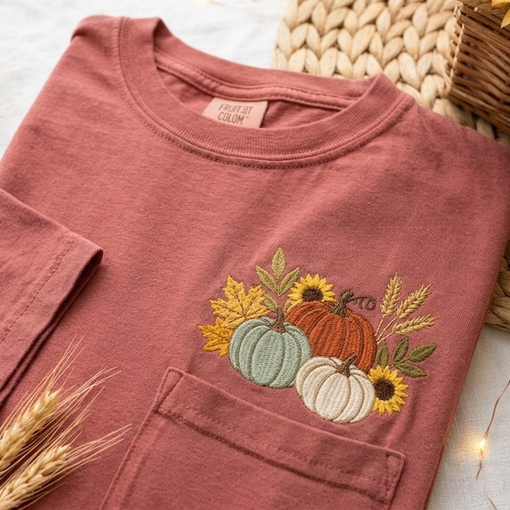 Comfort Colors Vintage Pumpkin Pocket Tee, Vintage Fall Harvest Shirt, Floral Pumpkin Shirt, Cozy on Tee, Fall Gift