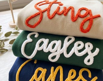 Embroidered Custom Chenille Yarn Sweatshirt, Personalized Game Day Fuzzy Letter Crewneck, Team Spirit Shirt, Football Mom Gift