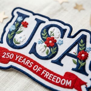 Puede incluir: Un parche bordado que presenta las letras USA en azul oscuro con detalles florales blancos y flores rojas. Debajo de las letras hay una cinta roja con el texto blanco 250 YEARS OF FREEDOM. El parche tiene un fondo blanco y un borde azul.
