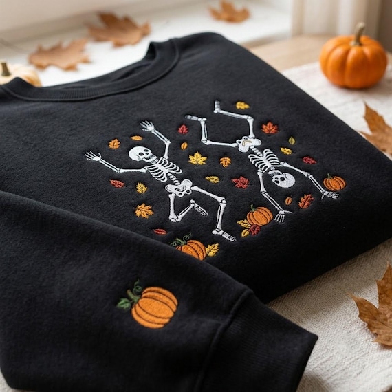 Embroidered Dancing Skeletons Sweatshirt, Spooky Season Shirt, Autumn Skeleton Crewneck, Fall Outfit