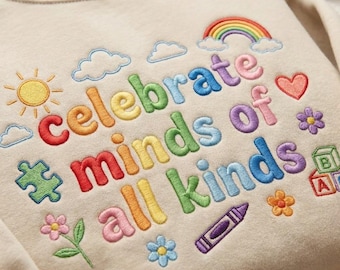 Bluza z haftem „Celebrate Minds of All Kinds”, okrągły dekolt z motywem autyzmu, koszulka do edukacji specjalnej