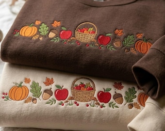 Embroidered Fall Harvest Pumpkin Sweatshirt, Thanksgiving Pumpkin Apple Shirt, Autumn Cozy Season Crewneck, Fall Gift
