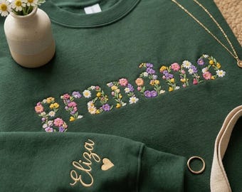 Embroidered Custom Floral Nana Grandma Sweatshirt, Personalized Grandma Shirt, Grandma Flower Shirt with Name on Sleeve, Gift for Mom
