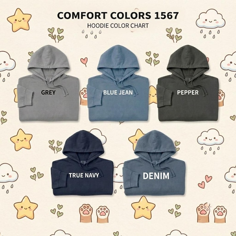 May include: A Comfort Colors 1567 hoodie color chart displaying five hooded sweatshirts in grey, blue jean, pepper, true navy, and denim. Each hoodie features a drawstring hood and is labeled with its respective color name in white text.