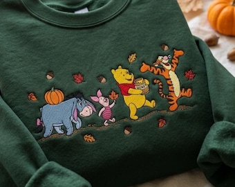 Camiseta vintage bordada con oso de miel, sudadera de otoño con oso y amigos, sudadera de cuello redondo de la Tierra Mágica, camiseta acogedora de temporada, regalo para vacaciones.
