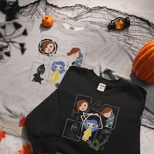 Scary Doll Halloween Embroidered Shirt, Halloween Doll Button Eyes Embroidered Tee, Horror Cartoon Movie Shirt, Girl in Mystery World Hoodie
