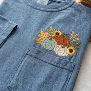 Comfort Colors Vintage Pumpkin Pocket Tee, Vintage Fall Harvest Shirt, Floral Pumpkin Shirt, Cozy on Tee, Fall Gift image 4