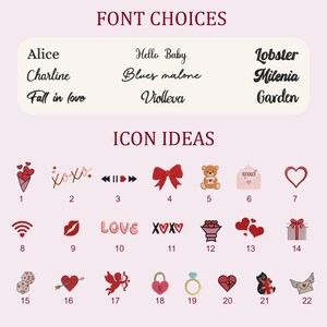 Peut inclure: Graphique rose clair avec le texte "FONT CHOICES" et "ICON IDEAS". L'image pr&eacute;sente diff&eacute;rents styles de polices et des id&eacute;es d'ic&ocirc;nes, notamment des c&oelig;urs, des n&oelig;uds et des ours en peluche. Le texte comprend les mots "Alice", "Hello Baby" et "Love".