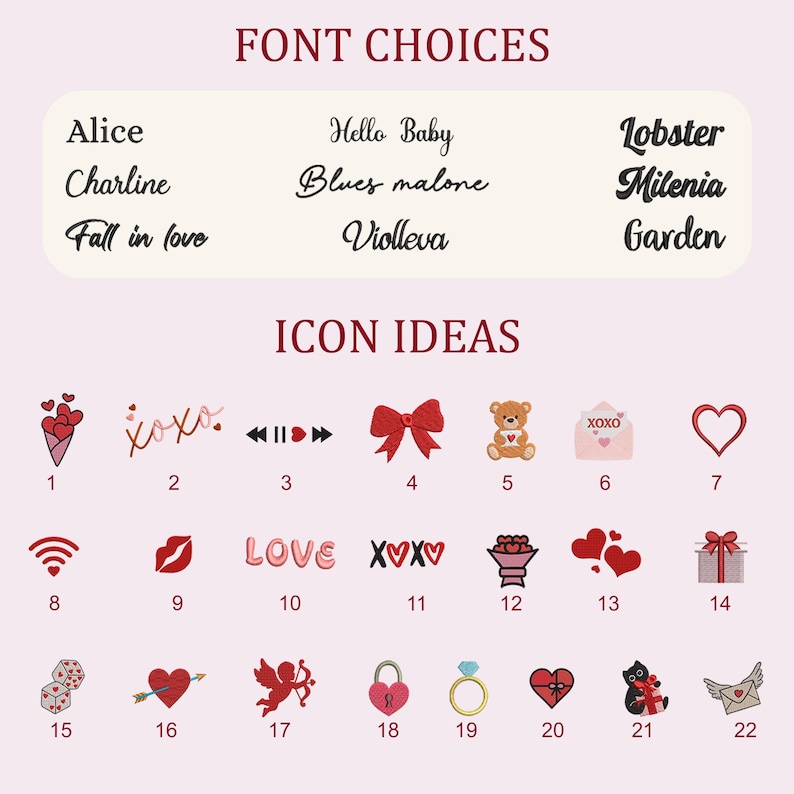 Peut inclure: Graphique rose clair avec le texte "FONT CHOICES" et "ICON IDEAS". L'image pr&eacute;sente diff&eacute;rents styles de polices et des id&eacute;es d'ic&ocirc;nes, notamment des c&oelig;urs, des n&oelig;uds et des ours en peluche. Le texte comprend les mots "Alice", "Hello Baby" et "Love".