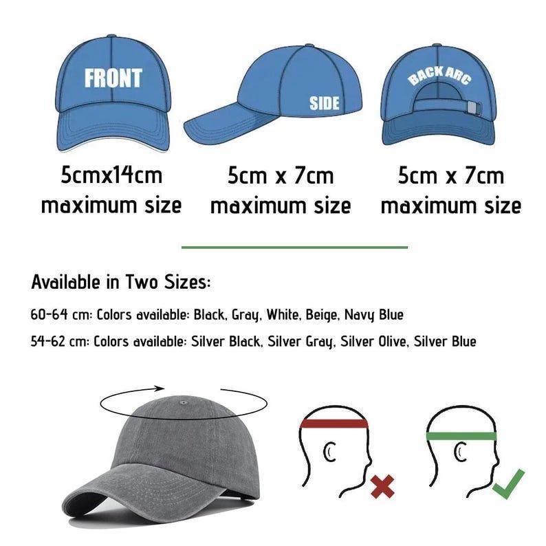 May include: Diagram of a baseball cap in three views, with measurements. The front view shows the cap's dimensions as 5cm x 14cm. The side and back views are 5cm x 7cm. Available in two sizes and multiple colors.
