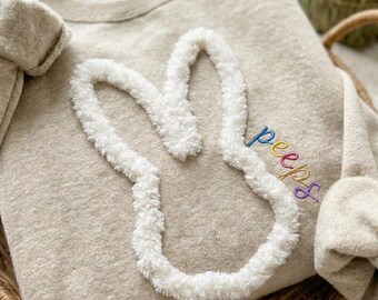 Embroidered Bunny Peeps Chenille Yarn Sweatshirt, Easter Bunny Yarn Shirt, Happy Easter Day Crewneck, Spring Easter Outfit Pullover