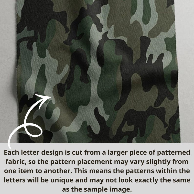 May include: A piece of camouflage fabric in shades of green, brown, and black. The fabric has a repeating pattern of irregular shapes. Text on the image explains that the pattern placement may vary slightly from one item to another.