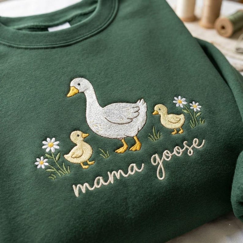 May include: Dark green sweatshirt with an embroidered design featuring a white goose, two yellow ducklings, daisies, and the words "mama goose" in cursive. The design is centered on the front of the sweatshirt.