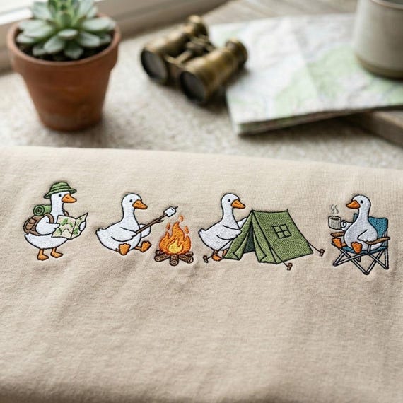 Embroidered Goose Camping Shirt, Silly Goose Tee, Camping Goose Crewneck, Outdoorsy Nature Shirt, Camp Life Gift