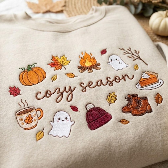 Embroidered Cozy Season Sweatshirt, Autumn Shirt, Spooky Pumpkin Fall Crewneck, Cozy Autumn Shirt, Fall Gift