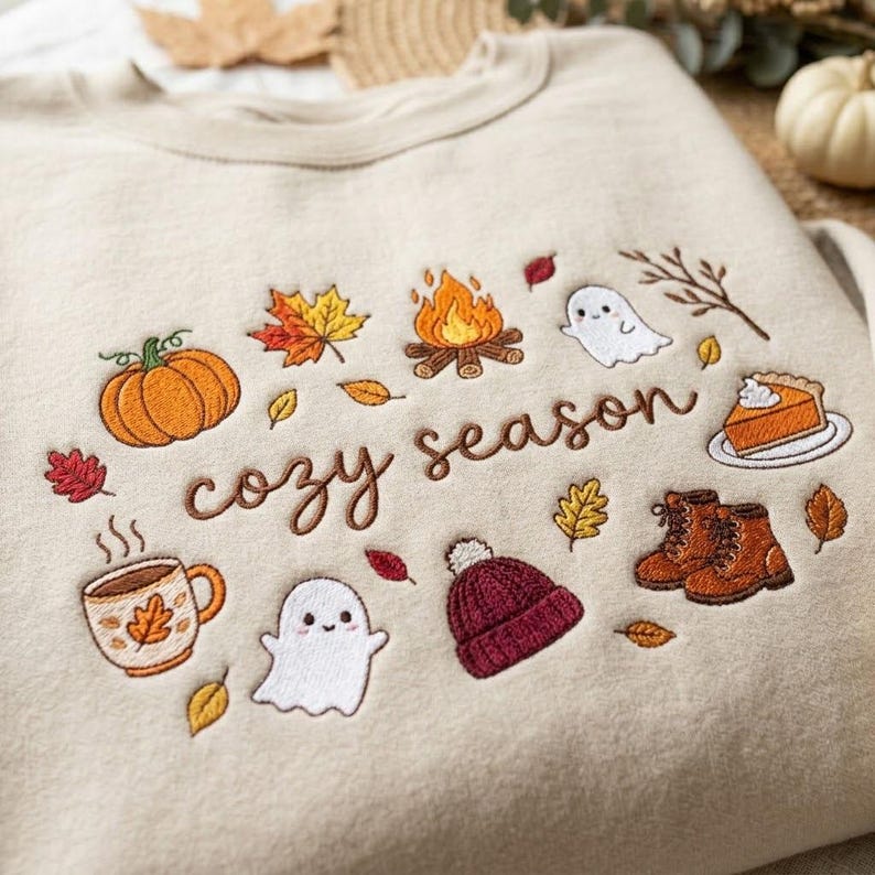 Pode incluir: Uma camisola bege de gola redonda com bordados de tem&aacute;tica outonal, incluindo uma ab&oacute;bora, uma fogueira, fantasmas, uma caneca de caf&eacute;, um gorro, botas e uma fatia de tarte, com o texto "cozy season" bordado em cursivo castanho.