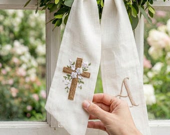 Embroidered Easter Toile Wreath Sash, He Is Risen Easter Basket Sash, Floral Cross Embroidered, Easter Wreath Ribbon