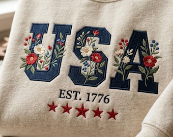 Besticktes Blumen USA-Sweatshirt, 1776-2026 Blumen-Crewneck, Vaterländisches Rot Weiß Blaues Baumwollhemd, Americana Geschenk