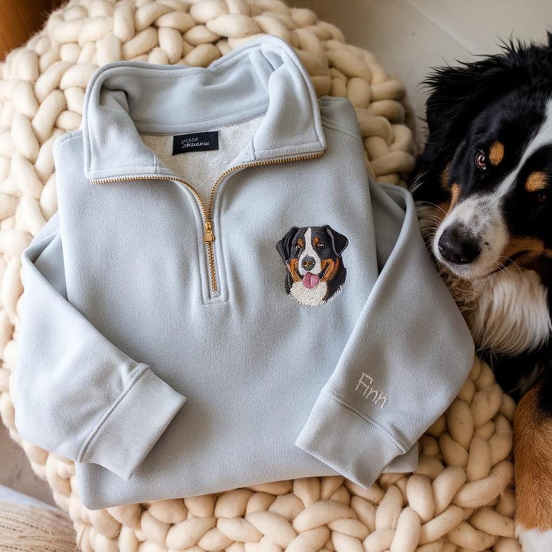 Custom Pet Portrait Embroidered Quarter Zip Sweatshirt: Embroidered Dog Cat Crewneck, Personalized Dog Memorial Gift image 1