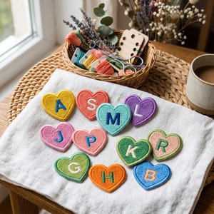 Op de afbeelding: Een verzameling hartvormige geborduurde patches in verschillende kleuren, elk met een enkele hoofdletter in het midden. De patches zijn gerangschikt op een witte stoffen ondergrond, met kleuren zoals geel, rood, roze, blauw, groen en oranje.