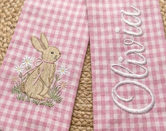 Embroidered Easter Bunny Wreath Sash, Spring Toile Front Door Bow, Personalised Holiday Decor, Floral Bunny Sash
