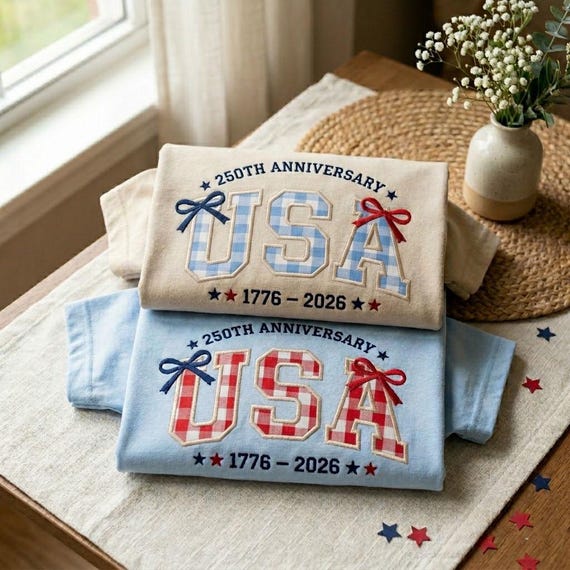 Embroidered 250th Anniversary Applique Shirt, Gingham USA Tee, 1776–2026 Patriotic Top, Semiquincentennial Gift