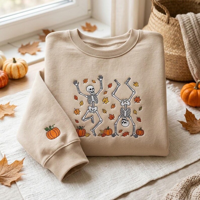 Op de afbeelding: Een beige sweater met ronde hals voorzien van een geborduurd ontwerp van twee dansende skeletten tussen verspreide herfstbladeren en kleine pompoenen. Een extra kleine pompoen is geborduurd op de linkermouwboord van het kledingstuk.