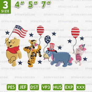 4th Of July Embroidery Design, Cartoon Movie Embroidery Design, Patriotic Bear And Friends Embroidery Design, Instant Download