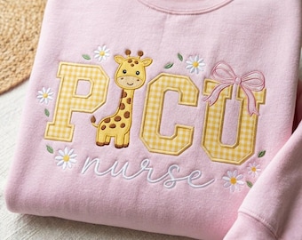 Embroidered PICU Nurse Gingham Applique Sweatshirt, Nursing Student Crewneck, Cute Giraffe Nurse Shirt, PICU Applique Apparel, Nurse Gift
