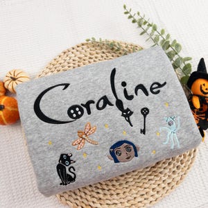 Scary Doll Halloween Embroidered Shirt, Halloween Doll Button Eyes Embroidered Tee, Horror Cartoon Movie Shirt, Cartoon  Halloween Hoodie